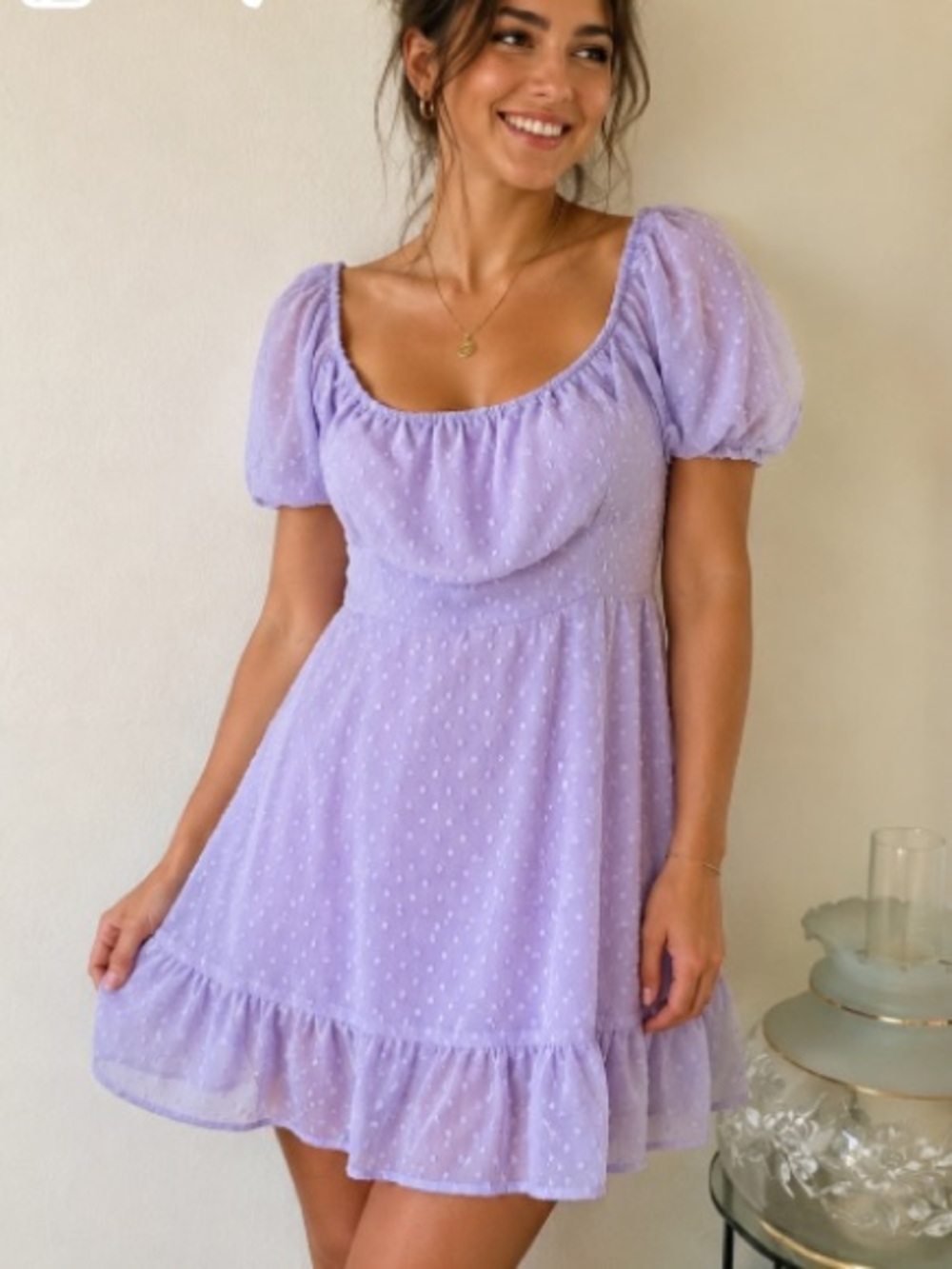 Lilac Swiss Dot Square Neck Puff Sleeve Dress Frill Hemline Womens size M